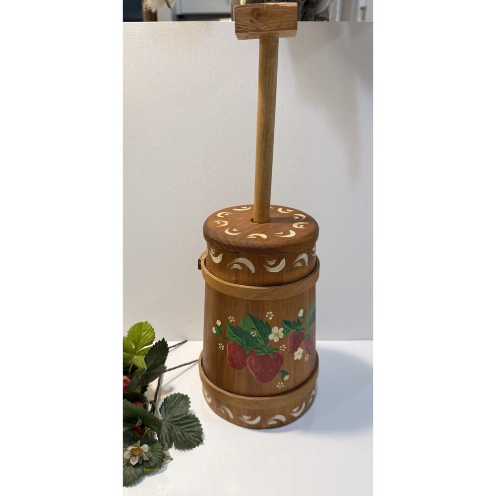 Vtg Butter Churn Wood Hand painted Strawberry's 1999 15β Cottagecore Farmhouse